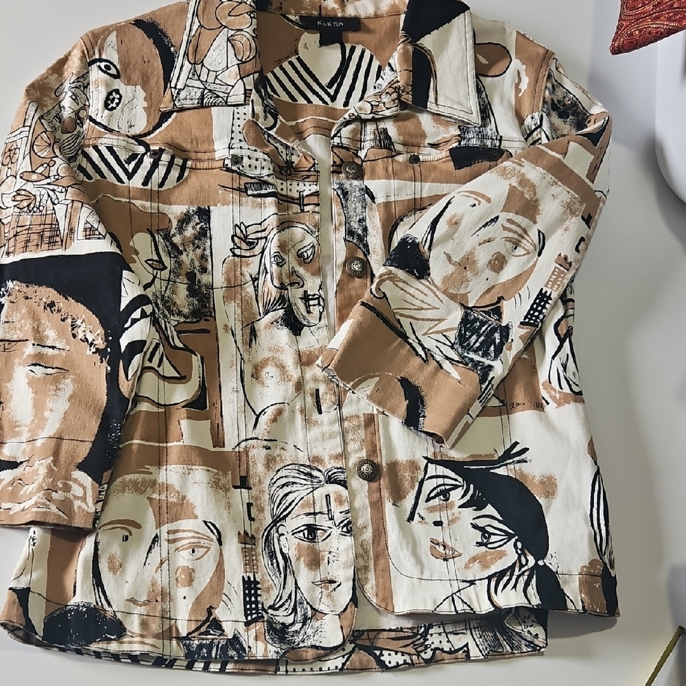 Kaktus Beige and Black Artistic Print Jacket